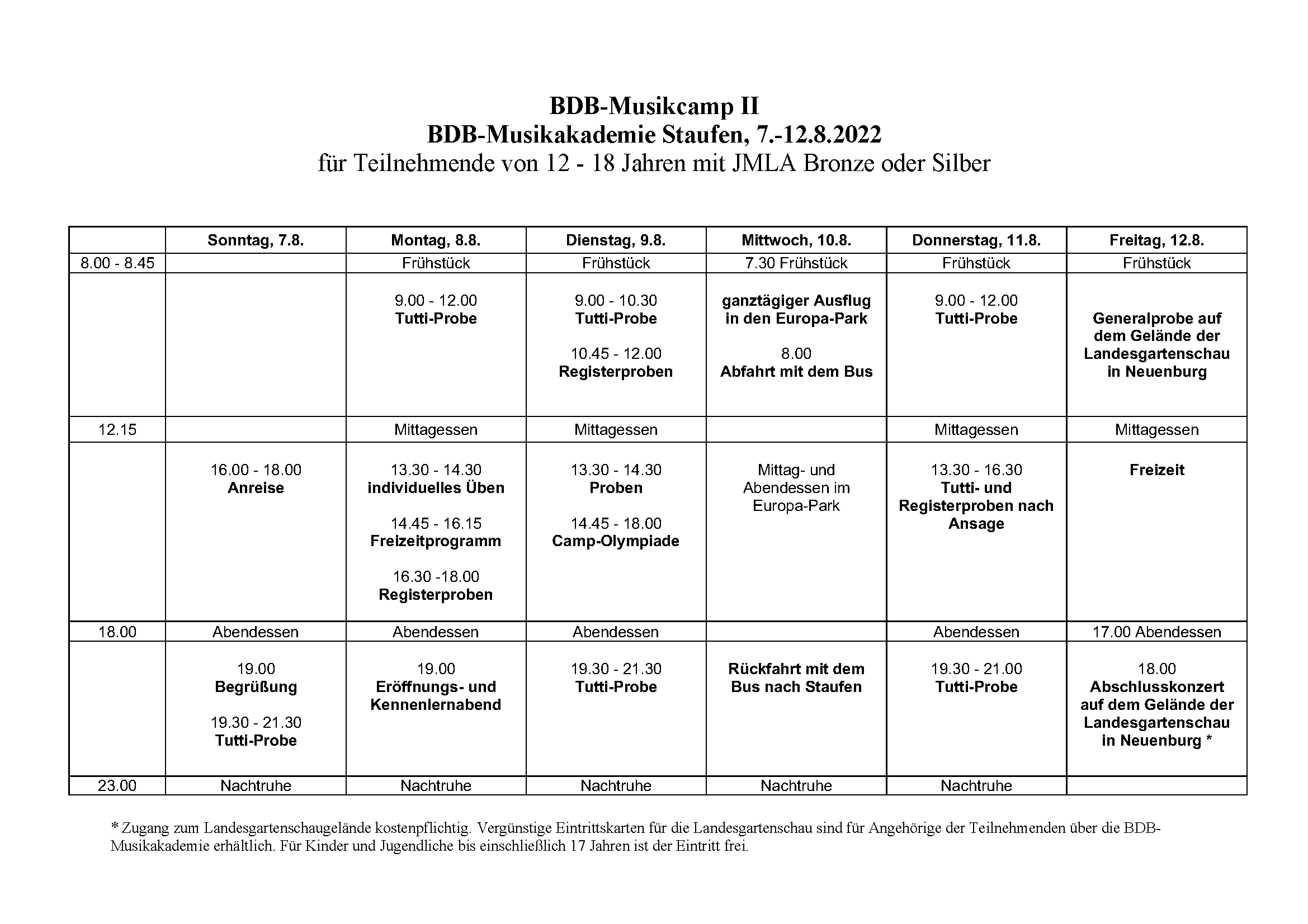 Wochenplan BDB Musikcamp II 2022